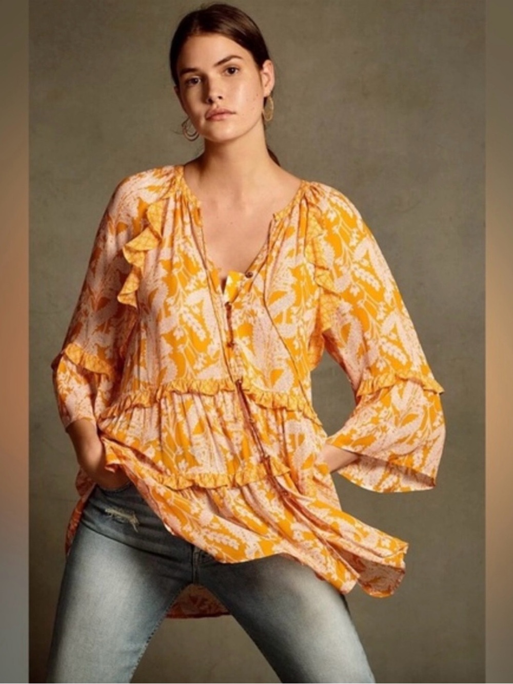 Anthropologie Yellow & White Floral Ruffle Peasant Tunic